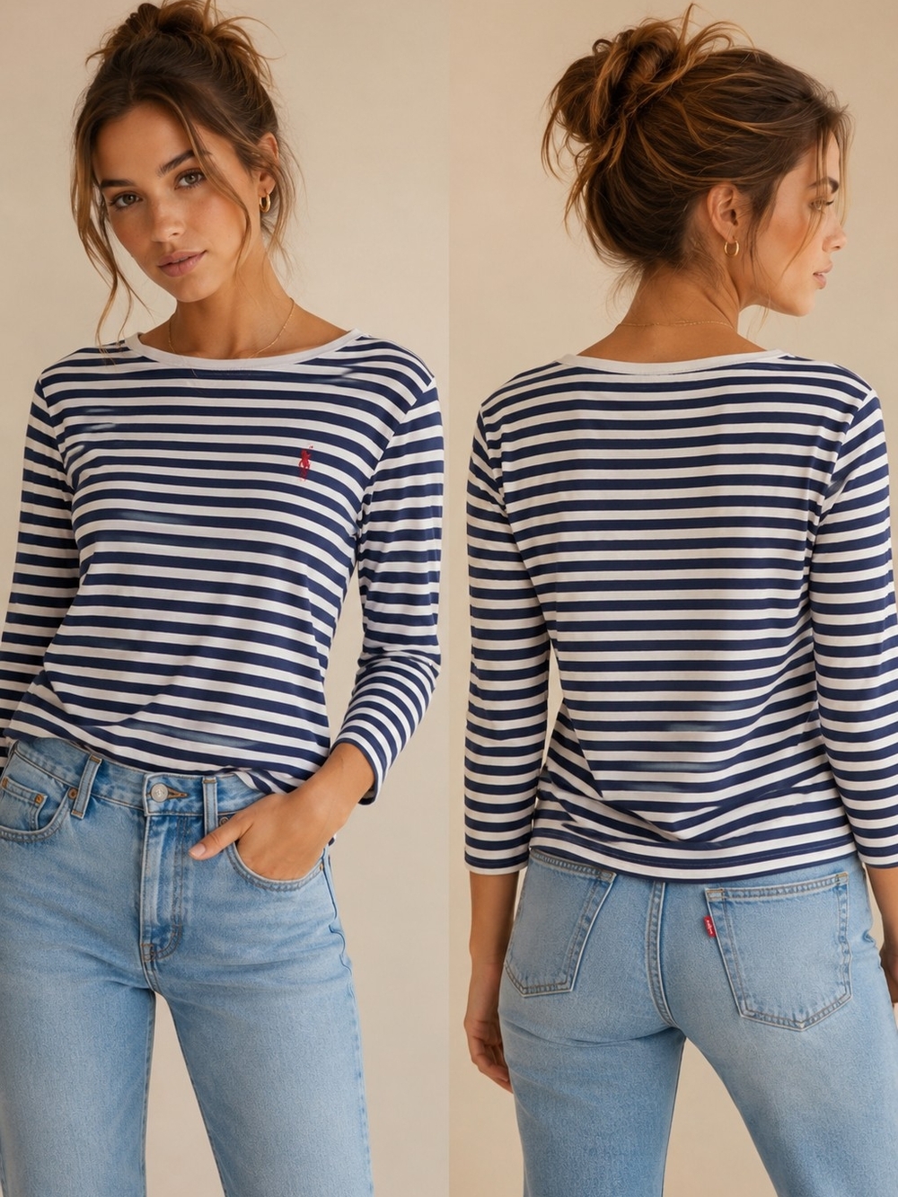 Ralph Lauren Navy & White Striped 3/4 Sleeve Size Large